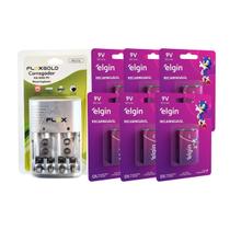 Kit 6 Baterias Recarregável 9v Elgin + Carregador AA/AAA/9V Auto Stop