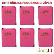 Kit 6 Bíblias Sagradas Pequena Zíper - Pink - 9x13 cm