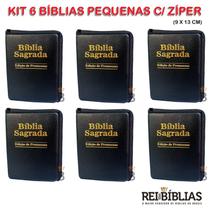 Kit 6 Bíblias Sagradas Pequena Zíper - Preta - 13x9 cm