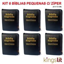 Kit 6 Bíblias Sagradas Pequena Zíper - Preta - 9x13 cm