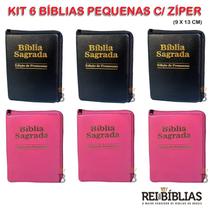 Kit 6 Bíblias Sagradas Pequena Zíper - Preta e Pink - 13x9 cm