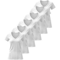 Kit 6 Blusas Femininas Camiseta Basica Lisa Algodão Gola V Manga Curta