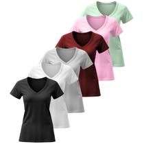 Kit 6 Blusas Femininas Camiseta Basica Lisa Algodão Gola V Manga Curta