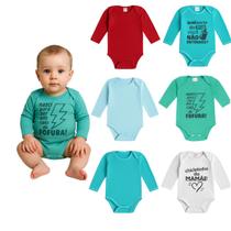 Kit 6 Bodies Manga Longa Bebe Suedine 3 Estampados e 3 Lisos Cores e Estampas Diversas