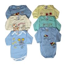 Kit 6 Body Manga Longa Malha Canelada Cores e Estampas Sortidas