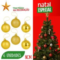 Kit 6 Bolas de Natal Douradas Decorativas Enfeites Fosco, Brilhante e Glitter para Árvore de Natal 8cm