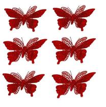 Kit 6 Borboletas Vermelhas Dourado Glitter Enfeite Árvore De Natal
