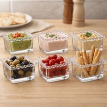 Kit 6 Bowl Para Petisco Sobremesa Molho Patê Quadrado em Cristal Coração Transparente