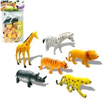 Kit 6 Brinquedo Animais Safari Selvagem Borracha Miniaturas Leão Rinoceronte Girafa Zebra