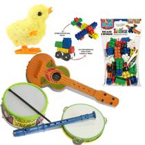 Kit 6 Brinquedos Educativos Instrumentos Blocos de Montar Pintinho Tambor Violão pandeiro Flauta Infantil