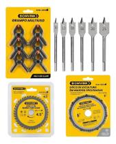 Kit 6 Broca Chata sextavada fechadura, 6 Grampo Sargento, Disco Serra Circular 4.5 e Disco Corrente Motoserra madeira marcenaria profissional Kit 6 Broca Chata sextavada fechadura, 6 Grampo Sargento, Disco Serra Circular 4.5 e Disco Corrente Motoserra madeira marcenaria profissional