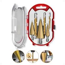 Kit 6 Brocas Escalonadas Cônicas De Titanium HSS Com Estojo Fura Metal Madeira Alumínio