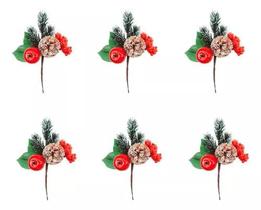 Kit 6 Buquê Flor Natal Cerejinha Maçã 16cm Neve Folhagem
