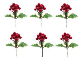 Kit 6 Buquês Flor De Natal Cereja Decoração Vermelho 15 Cm