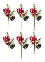 Kit 6 Buquês Flor De Natal Cereja E Pinha Decorativo 20 Cm