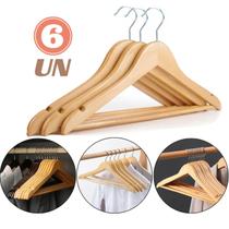 Kit 6 Cabides madeira Marfim Envernizado Pendurar Roupas Adulto Armário