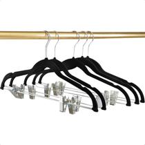 Kit 6 Cabides Veludo Slim Preto Com Presilhas Gancho Cromado