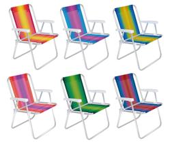 Kit 6 Cadeira Alumínio Alta Listrada Camping Praia Piscina Mor
