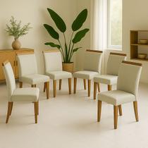 Kit 6 Cadeira de Jantar Emily Estofada Linho Bege Pé de Madeira Castanho