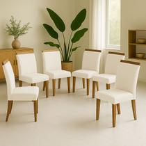 Kit 6 Cadeira de Jantar Emily Estofada Veludo Bege Pé de Madeira Castanho