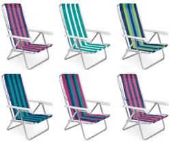 Kit 6 Cadeira De Praia Reclinável 8 Posições Listrada Alumínio - Mor