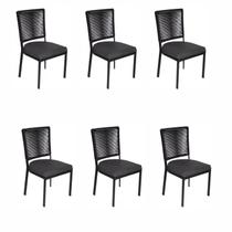 Kit 6 Cadeiras Alumínio Corda Sintética Assento Estofado Preto