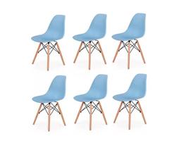 Kit 6 Cadeiras Charles Eames Eiffel Azul Base Madeira Sala Cozinha Jantar