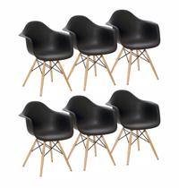 KIT 6 Cadeiras Charles Eames Eiffel Design Wood Com Braços - Preta