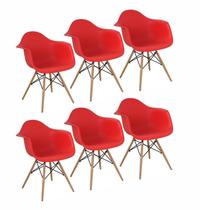 KIT 6 Cadeiras Charles Eames Eiffel Design Wood Com Braços - Vermelha