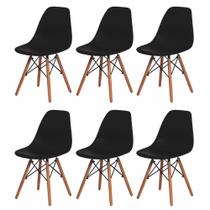 Kit 6 Cadeiras Charles Eames Eiffel Preta Base Madeira