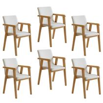 Kit 6 Cadeiras com Braço para Sala de Jantar Pés Madeira Maciça Flora Bege/Cinamomo/Veludo Palha