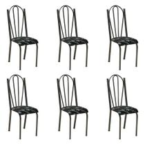 Kit 6 Cadeiras de Cozinha Alasca Estampado Preto Florido Pés de Ferro Cromo Preto - Pallazio