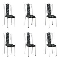 Kit 6 Cadeiras de Cozinha Geórgia Estampado Preto Florido Pés de Ferro Branco - Pallazio