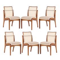 Kit 6 Cadeiras de Jantar em Madeira Lisboa Encosto Rattan Estofada Linho Bege M58 RMI Kit 6 Cadeiras de Jantar em Madeira Lisboa Encosto Rattan Estofada Linho Bege M58 RMI