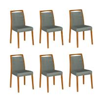 Kit 6 Cadeiras de Jantar Estofadas Jade Veludo Cinza Base Madeira Maciça Mel