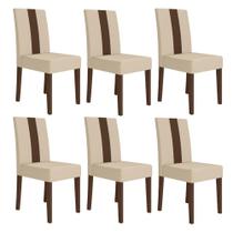 Kit 6 Cadeiras de Jantar Estofadas Lisa material sintético Pés MDF Linea Bege/Carvalho/Marfim