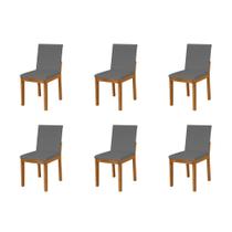 Kit 6 Cadeiras de Jantar Estofadas Veludo Cinza Pérola Base Madeira Maciça
