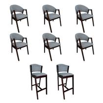 Kit 6 Cadeiras de Jantar Helen com 2 Banquetas Ana Madeira Maciça Castanho Premium Linho Cinza