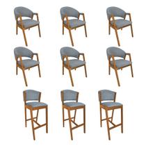 Kit 6 Cadeiras de Jantar Helen Madeira Maciça com 3 Banquetas Ana Cerejeira Premium Linho Cinza