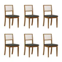 Kit 6 Cadeiras de Jantar Luxo Madeira Maciça Mel Encosto Telinha Palha Estofada Linho Chumbo Rubi