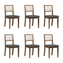 Kit 6 Cadeiras de Jantar Luxo Palha Estofadas Linho Cinza com Tela Sextavada Rubi Madeira Maciça Imb