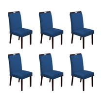 Kit 6 Cadeiras de Jantar Madeira Maciça Castanho Premium Heloísa Veludo Azul