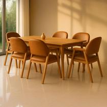 Kit 6 Cadeiras de Jantar Noah Estofada com Braço Madeira Maciça material sintético Caramelo