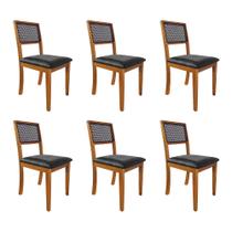 Kit 6 Cadeiras de Jantar Palha Estofadas Couro Pu Preto em Tela Rubi Premium Madeira Maciça Mel