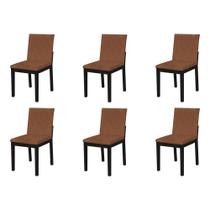 Kit 6 Cadeiras de Jantar Pérola Estofado Liso Tecido Sintético Caramelo Base Madeira Maciça Preto