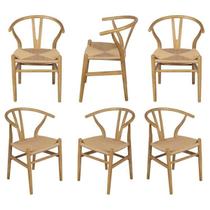 Kit 6 Cadeiras de Jantar Wishbone em Madeira com Assento Rattan Bege