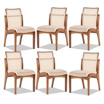 Kit 6 Cadeiras de Madeira para Mesa de Jantar com Encosto Rattan Lisboa Linho Bege M58 RMI