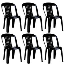 Kit 6 Cadeiras de Plástico Preta Com Encosto Vime Empilhável