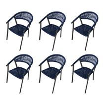 Kit 6 Cadeiras Decorativa Joana em Corda Náutica e Base em Alumínio Preta/ Azul Marinho