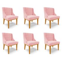 Kit 6 Cadeiras Decorativas Sala de Jantar Base Fixa de Madeira Firenze Suede Rosa Bebê/Castanho G19 - Gran Belo